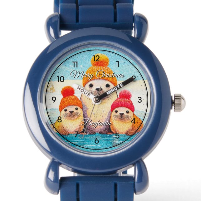 Montre Bébés phoques mignons avec un bonnet tricoté Illus (Créateur téléchargé)