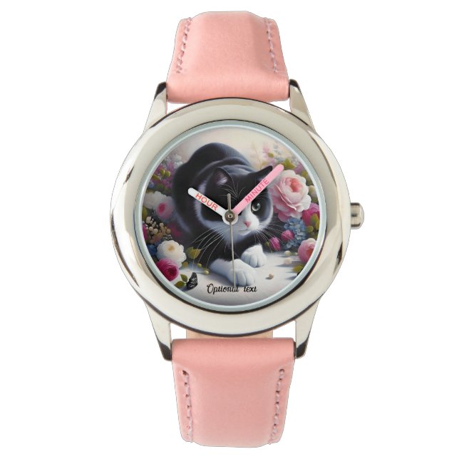 Montre Belle Chat et Fleurs Noir et Blanc (devant)