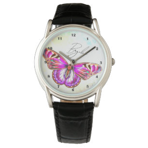 Montre Belle illustration de papillon rose Nom personnali