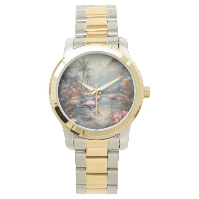 Montre belle peinture vintage flamants roses (devant)