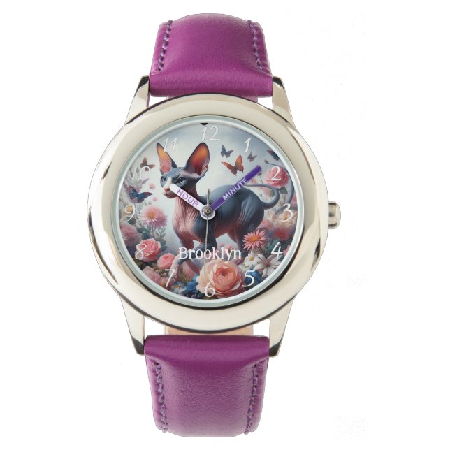 Montre Belle Sphynx Chat & Fleurs (devant)