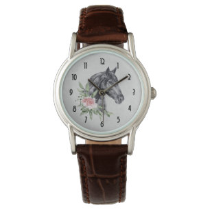 Montre Belle tête de cheval noir Portrait d'aquarelle