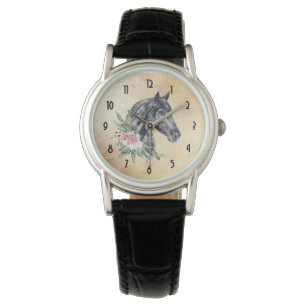 Montre Belle tête de cheval noir Portrait d'aquarelle