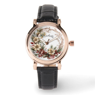 Montre Belle Twig Wreath Fleurs blanches Berries rouges