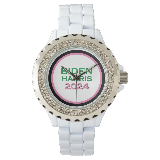 Montre BIDEN HARRIS 2024 Accentuation de strass rose et v (devant)