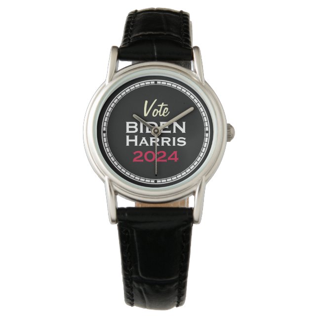 Montre BIDEN HARRIS 2024 Blanc noir bracelet en cuir roug (devant)