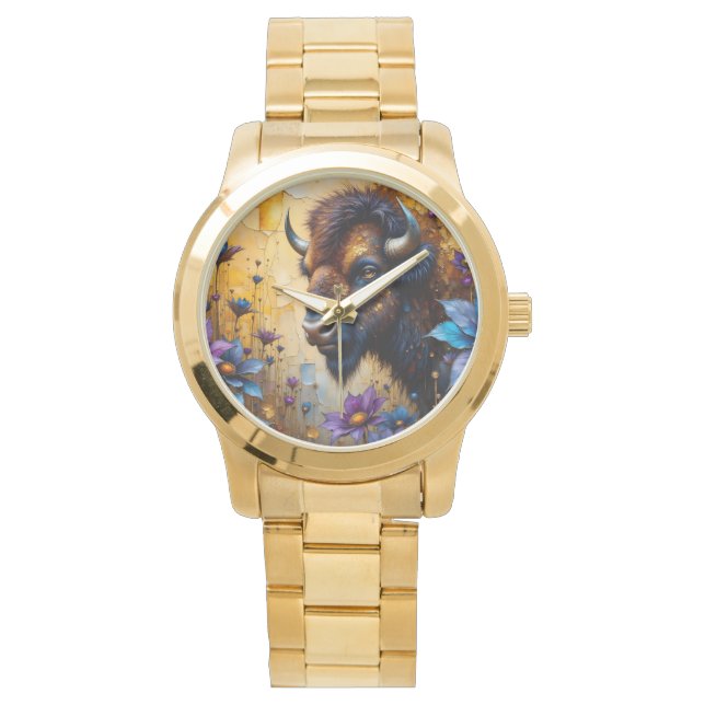 Montre Bison américain dans un portrait de fleur texturée (devant)