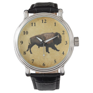 Montre Bisons au Galop Sur Vieux Papier