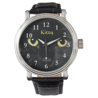 Montre Black Cat Face Wrist Watch Black Vintage Cuir