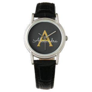 Montre Black Gold Modern Script Girl Monogramme Nom