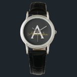 Montre Black Gold Modern Script Girl Monogramme Nom<br><div class="desc">Monogramme simple noir et or Monogramme Nom Monographie. Cela fait le cadeau parfait de remise de diplômes,  anniversaire,  mariage,  douche nuptiale,  anniversaire,  baby shower ou bachelorette pour quelqu'un qui aime le luxe glam et les styles chic.</div>