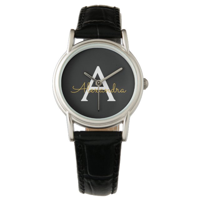 Montre Black Gold Modern Script Girl Monogramme Nom (devant)