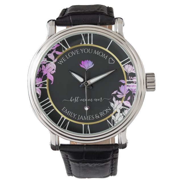 Montre Black Purple Floral Custom Love Message Texte Or (devant)