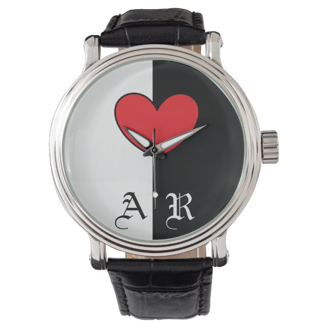 Montre Black White Heart Watch Avec Initiales (devant)