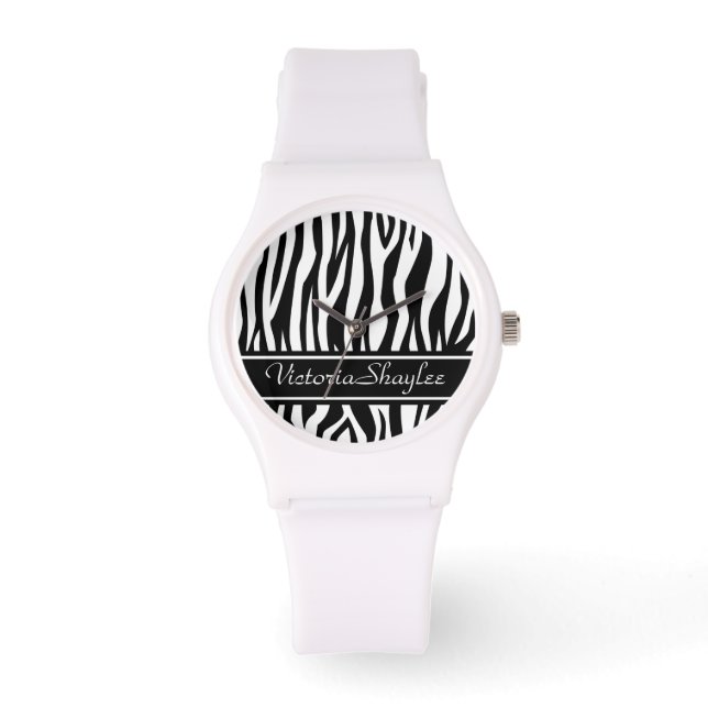 Montre Black Zebra Print avec du texte personnalisé (Recto)