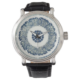 Montre Blanc bleu Floral chinois rond