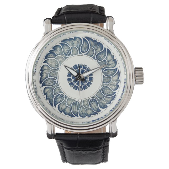 Montre Blanc bleu Floral chinois rond (devant)