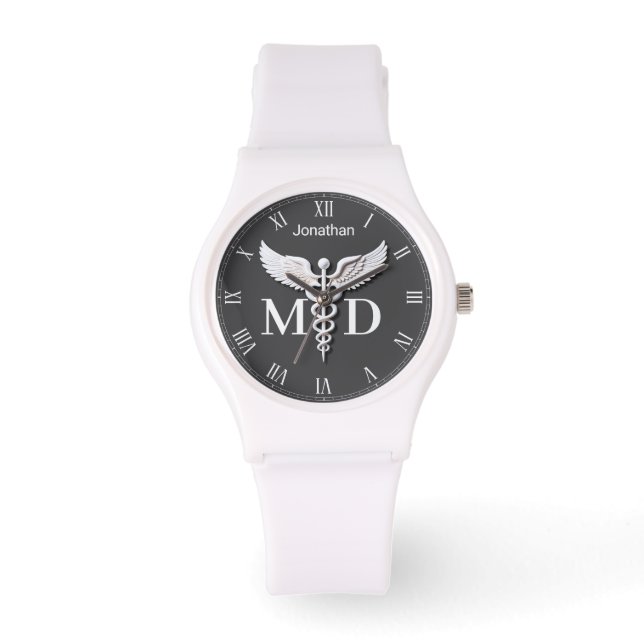 Montre Blanc Nettoyé détaillé Caducée Médecin Médicale MD (Recto)