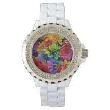 Montre blanche avec fleurs multicolores