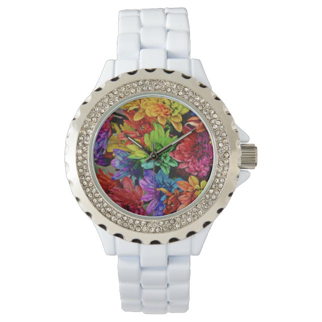 Montre blanche avec fleurs multicolores (devant)