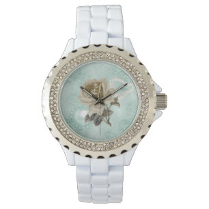 Montre blanche de fausses pierres de roses ens