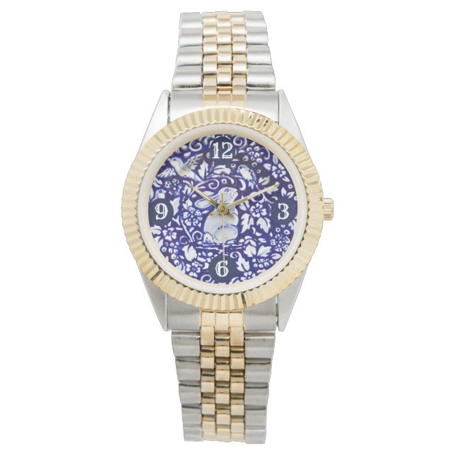 Montre Bleu et blanc Lapin Lapin Oiseau Floral Gorgeal (devant)
