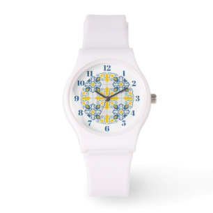 Montre Bleu et jaune joli carrelage portugais motif