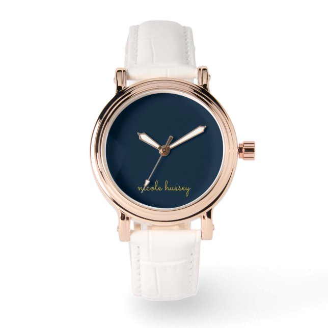 Montre Bleu Nuit Or Script  | Monogramme Moderne Élégant (Recto)