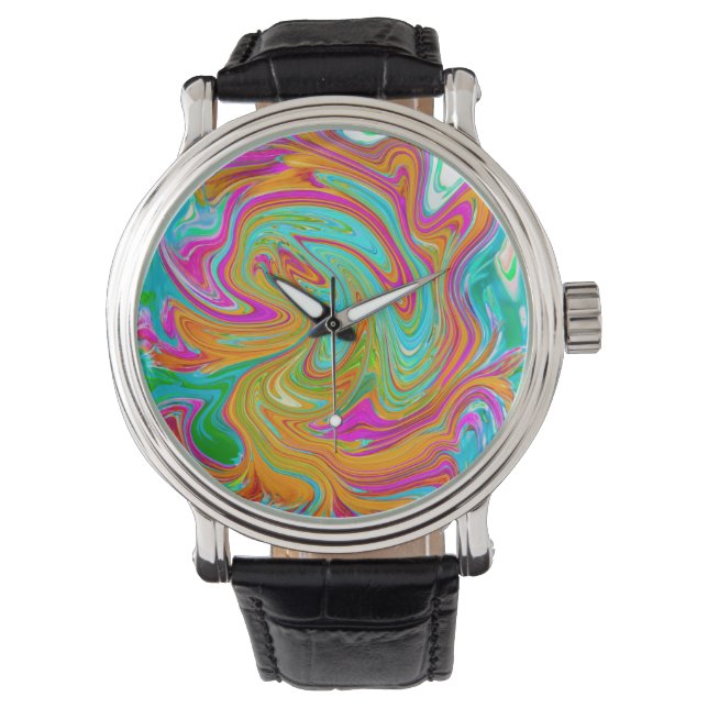 Montre Bleu, Orange et Rose Chaud Abstrait Rétro Groovy (devant)