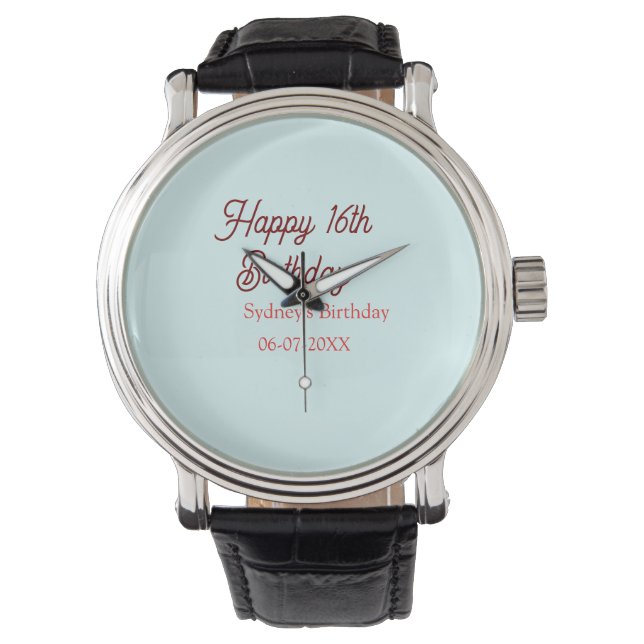 Montre Bleu pastel rouge joyeux 16e anniversaire nom date (devant)