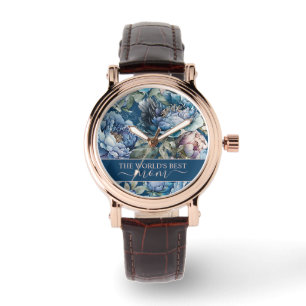 Montre Bleu peony motif floral Meilleure maman au monde