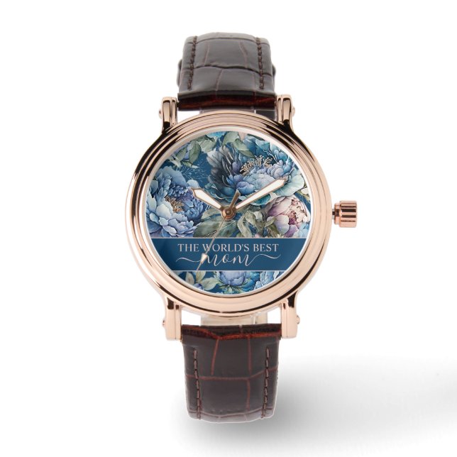 Montre Bleu peony motif floral Meilleure maman au monde (Recto)
