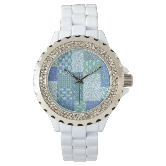 Montre Bleu Périwinkle Floral Boho Faux Motif Patchwork (devant)
