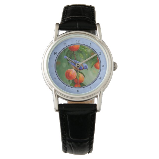 Montre Bleu sur une branche d'arbre de pêche Bleu (devant)