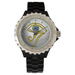 Montre BLEU TALISMAN, OR HORUS OEIL Lune Pierre blanche G