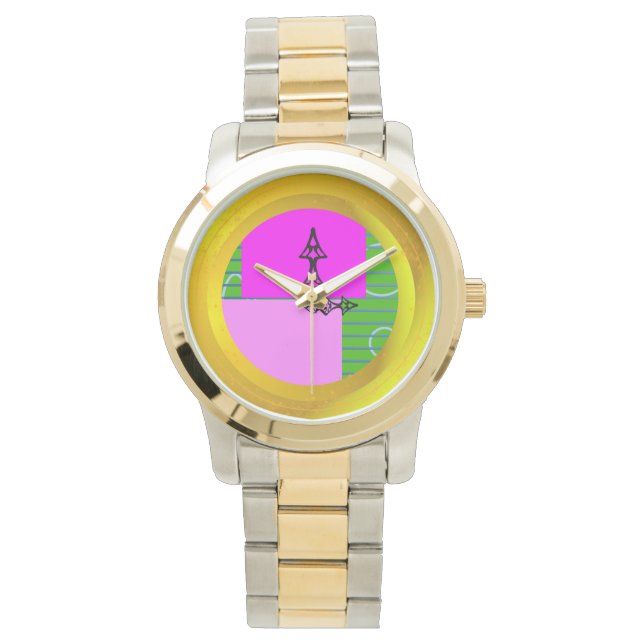 Montre Blocs roses sur vert géométrique (devant)