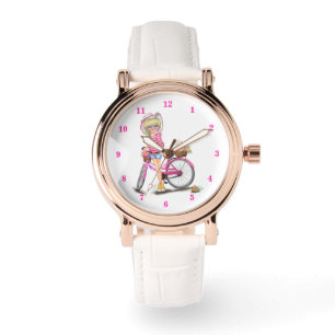 Montre Blonde mignonne fille et vélo rose avec chat en f