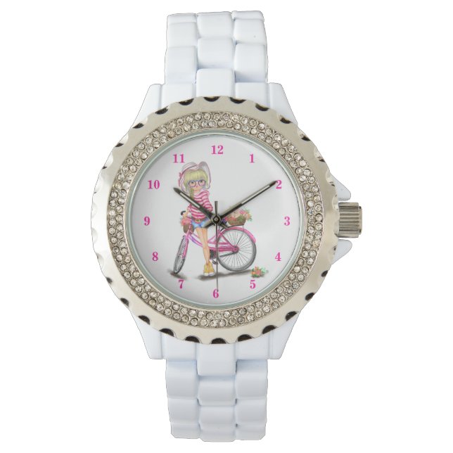 Montre Blonde mignonne fille et vélo rose avec chat en fl (devant)