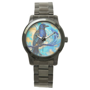 Montre Blue Black Raven, bleu et or abstrait