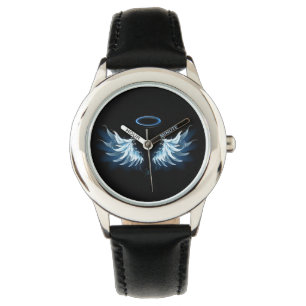 Montre Blue Glowing Angel Wings on black background