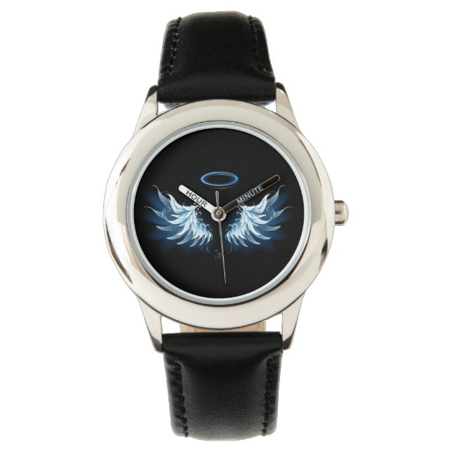 Montre Blue Glowing Angel Wings on black background (devant)