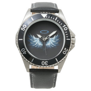 Montre Blue Glowing Angel Wings on black background