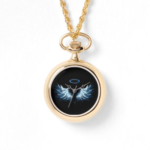 Montre Blue Glowing Angel Wings on black background