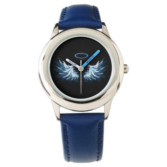 Montre Blue Glowing Angel Wings on black background (devant)