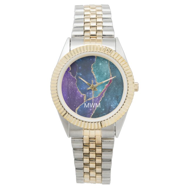 Montre Blue Purple Aqua Gold Veines Agate Monogramme (devant)