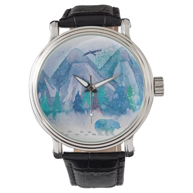 Montre Blue Watercolor Winter Mountain Landscape Art (devant)