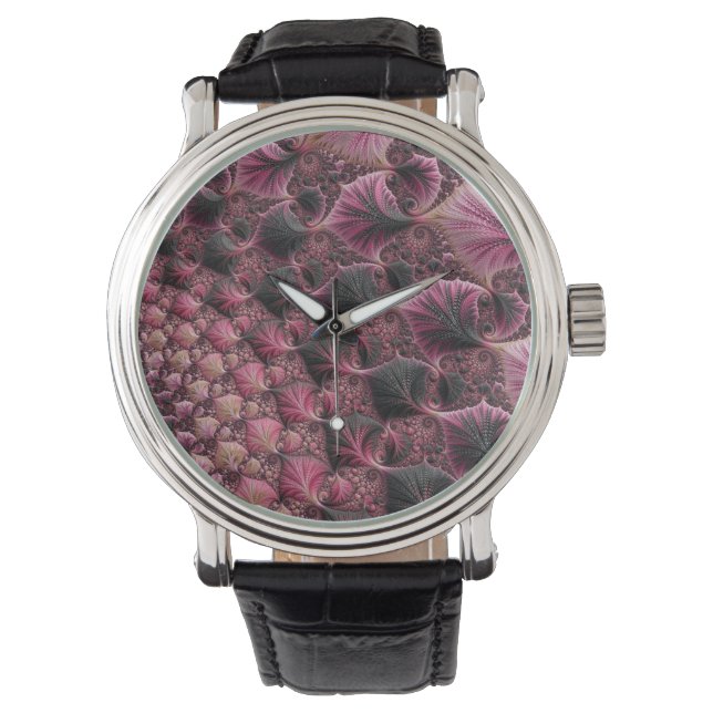 Montre Boho Funky Eclectique Rose Noir Abstrait Fractal (devant)