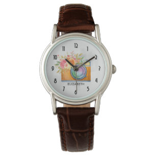 Montre Boho Orange Caméra & Bouquet Floral Aquarelle