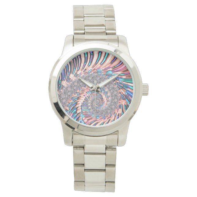 Montre Boho Pastel rose et bleu spirale Abstraite fractal (devant)