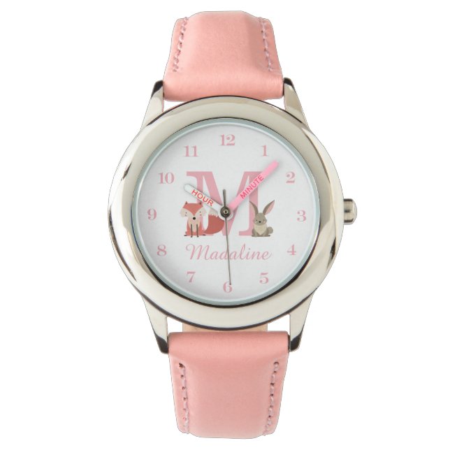 Montre Bois Animaux Pink Baby Girl Monogramme initial (devant)